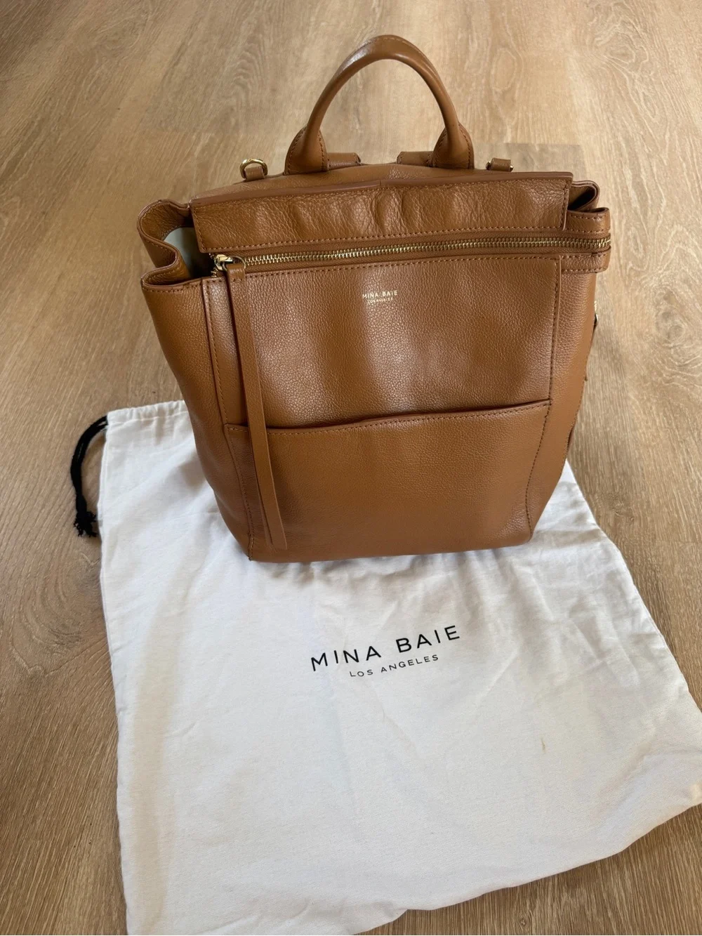 Mina Baie harper midi leather diaper bag backpack tan gold